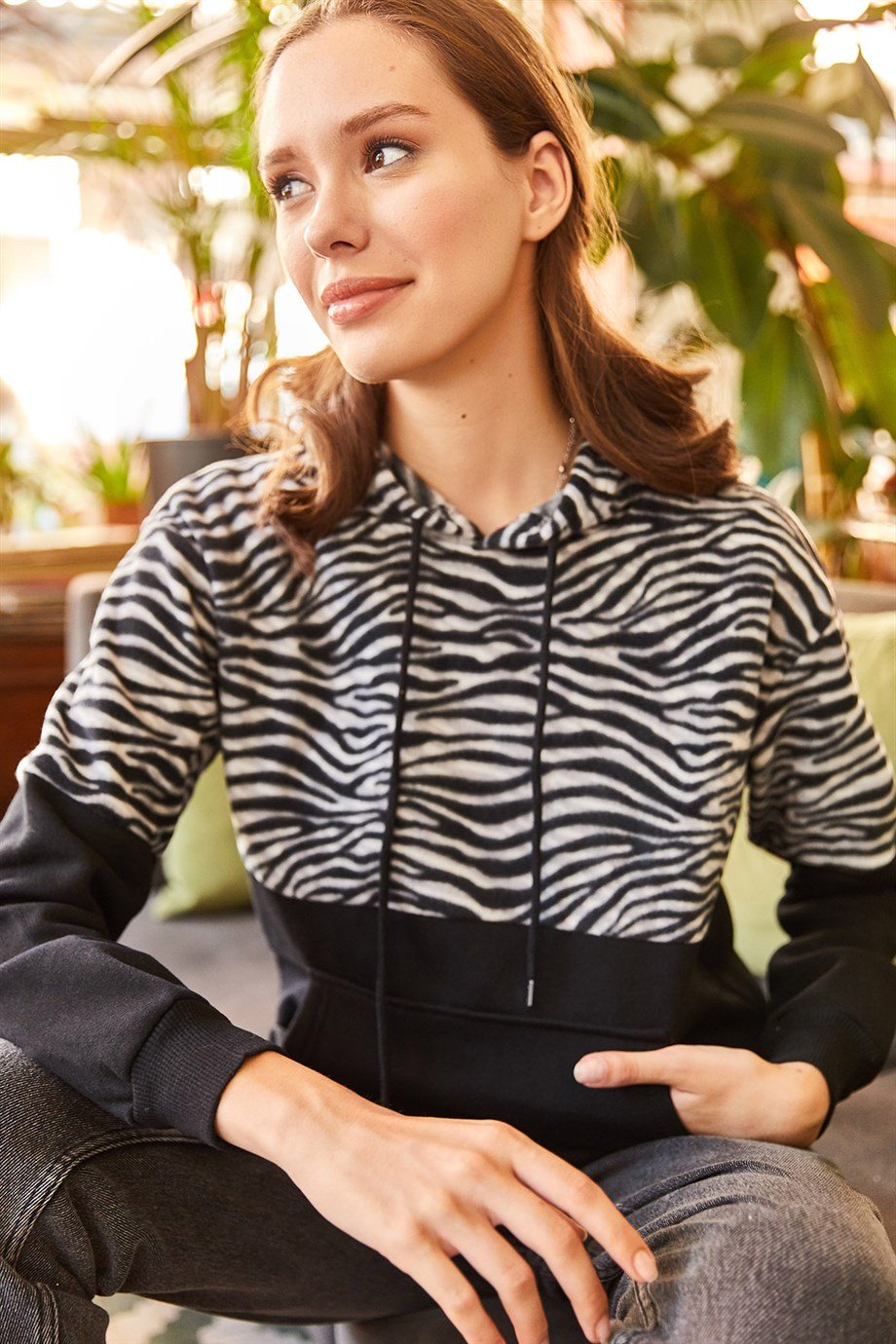 Polar Detaylı İçi Polarlı Kalın Sweatshirt Zebra Siyah