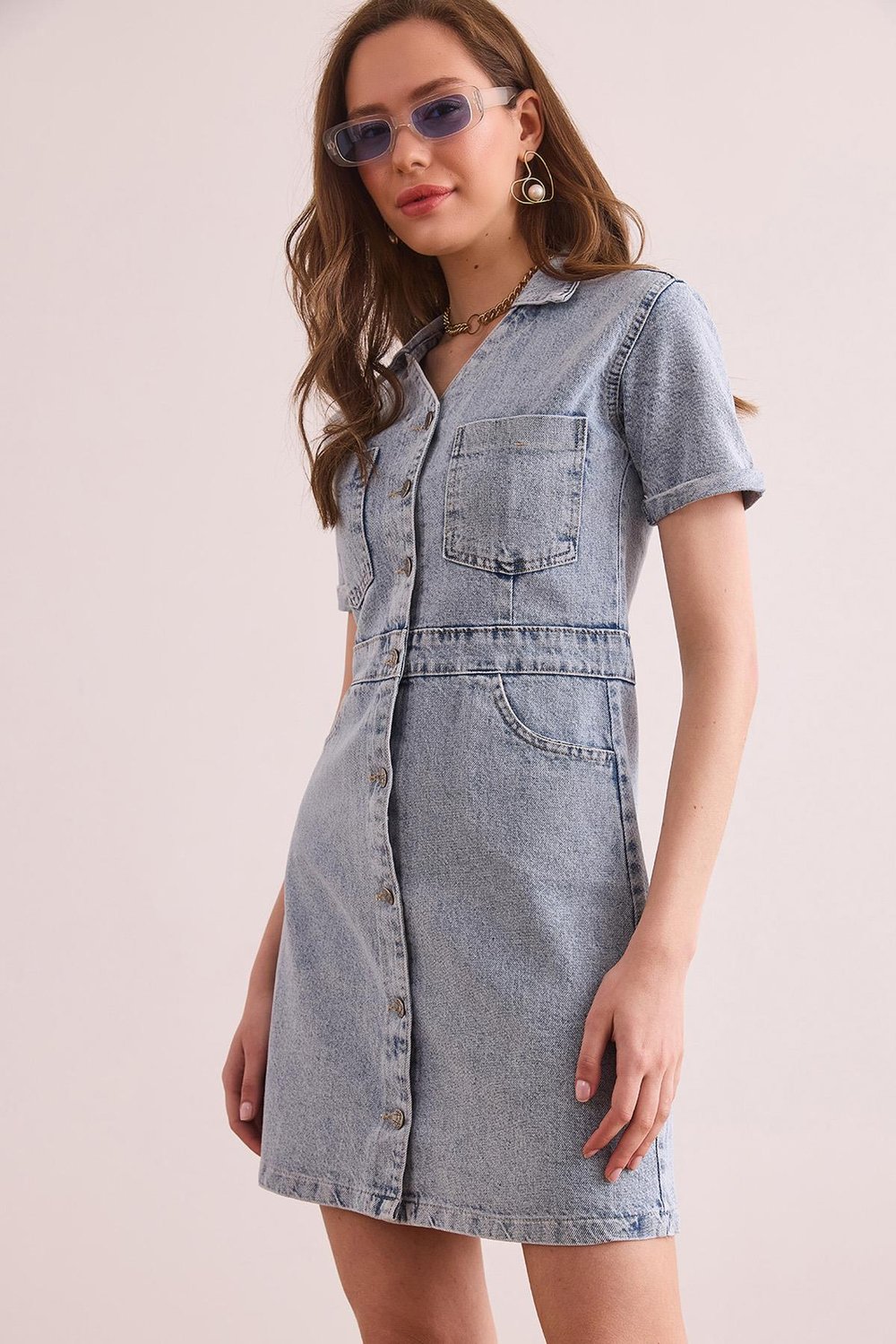 Polo Yaka Cepli Mini Denim Elbise 1528 Açık Mavi