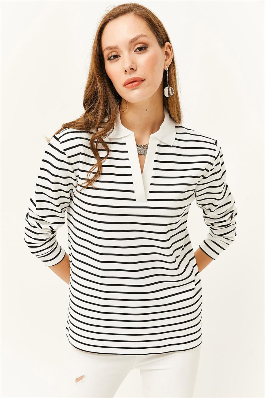 Polo Yaka Çizgili Sweatshirt Beyaz