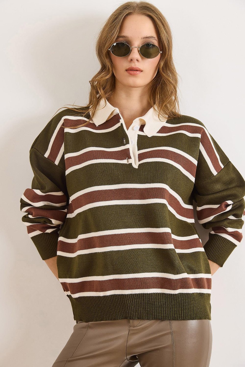 Polo Yaka Oversize Triko Kazak Haki Kahve