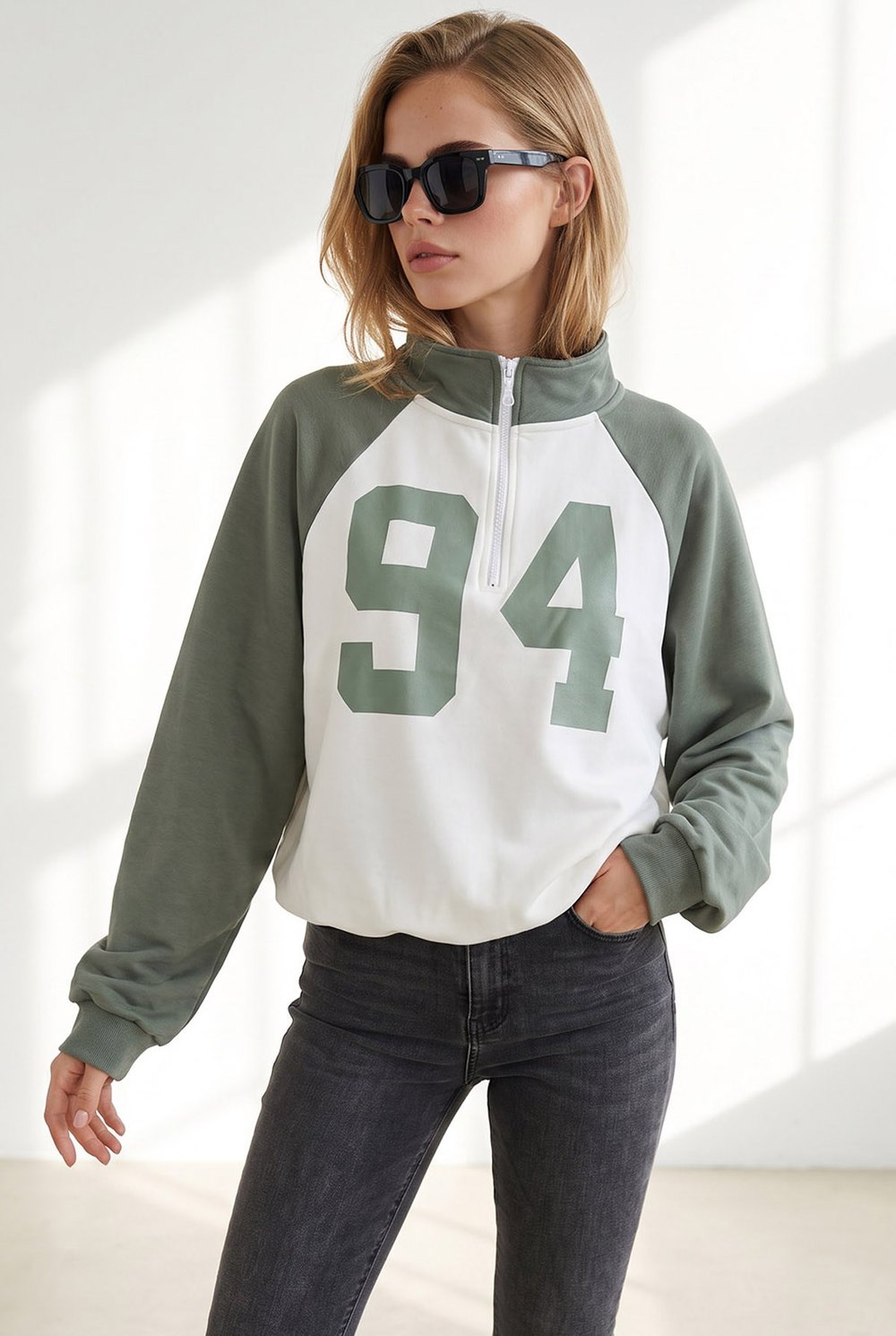 Reglan Kol Yarım Fermuarlı Dökümlü Sweatshirt Haki