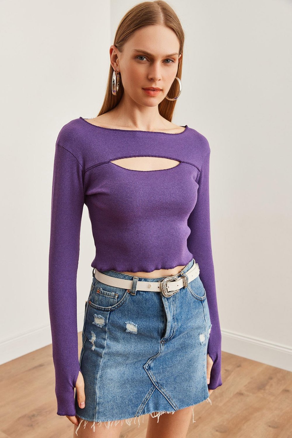 Roba Cut Out Parmak Detaylı Esnek Crop Bluz Mor