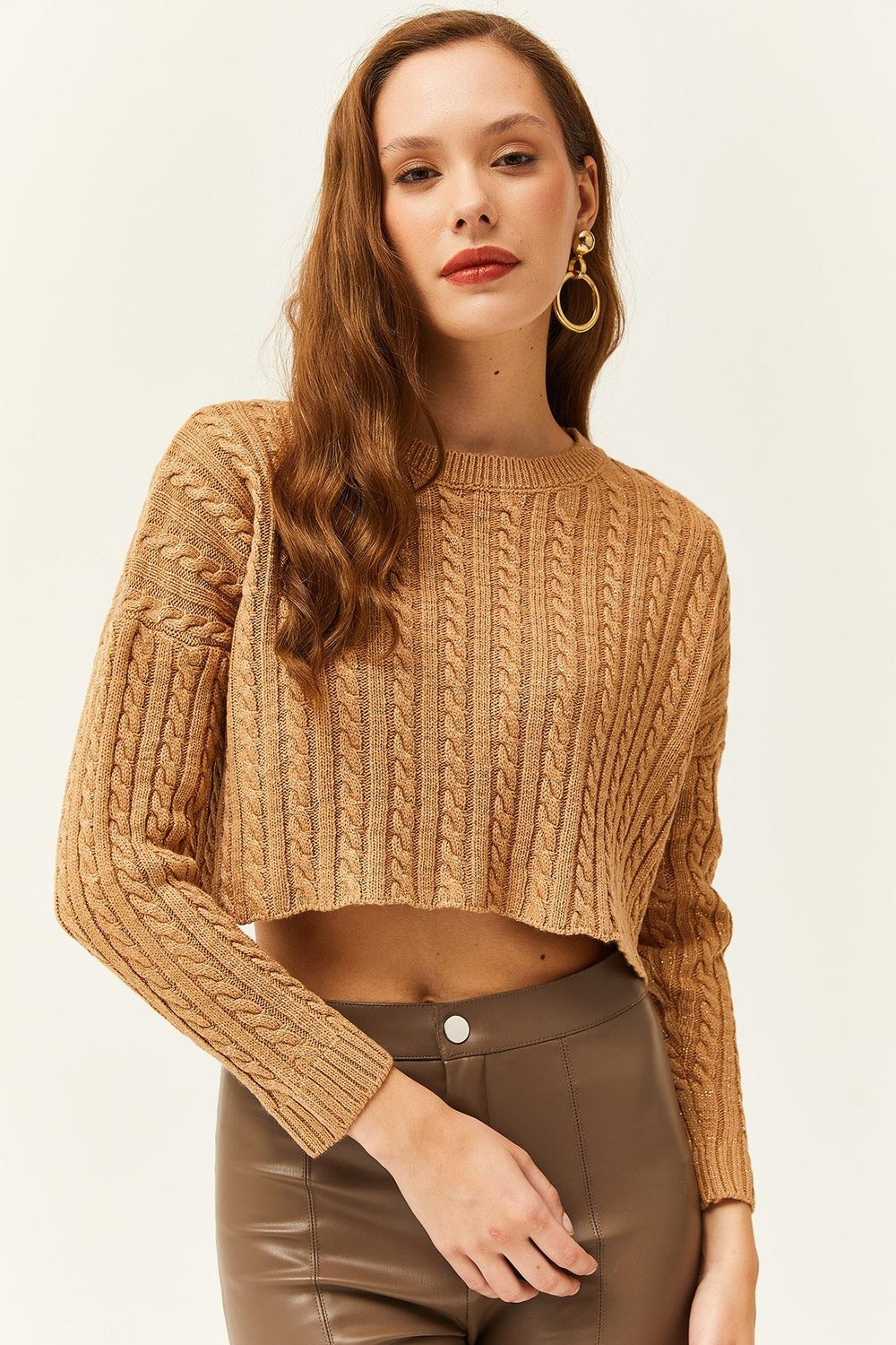 Saç Örgülü Simli Crop Triko Kazak Camel