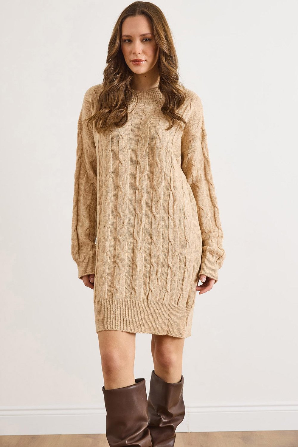 Saç Örgülü Triko Tunik Elbise Camel