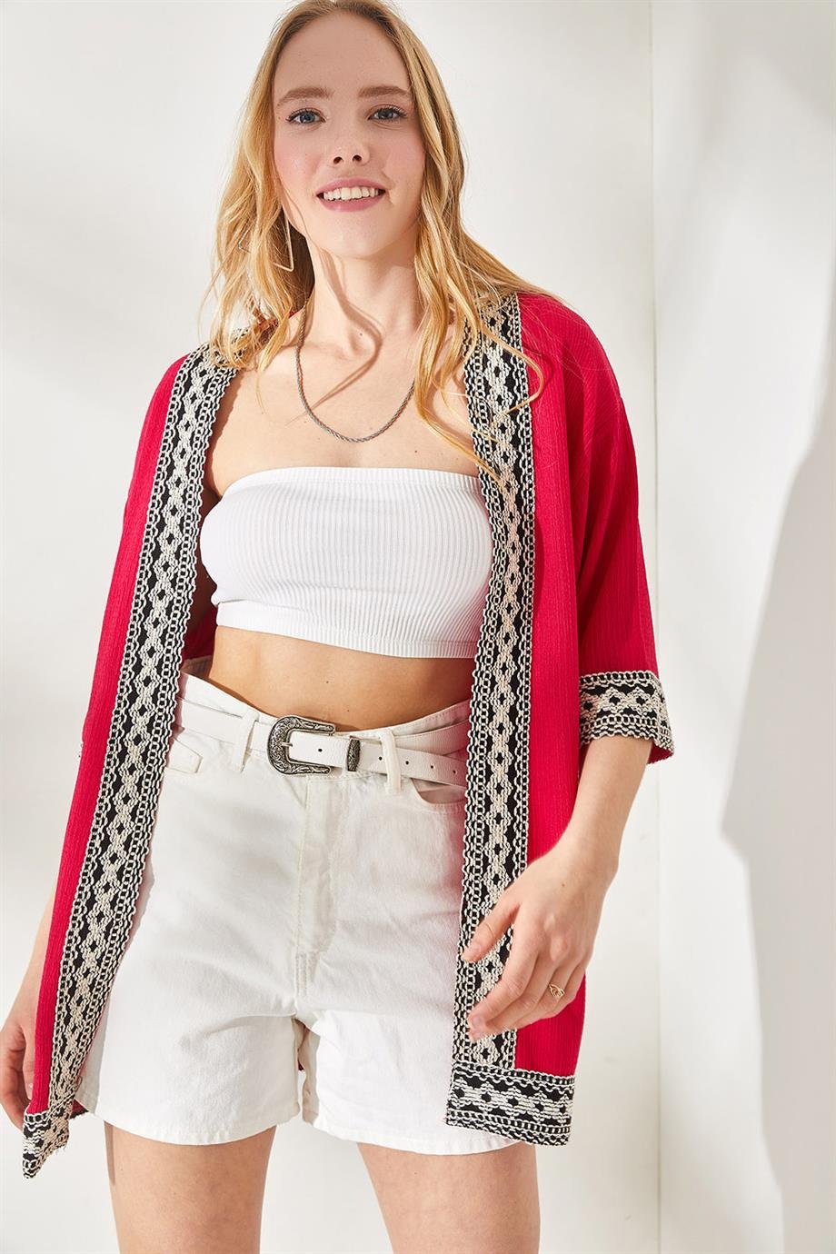 Şerit Detaylı Dokulu Kaftan Kimono Fuşya
