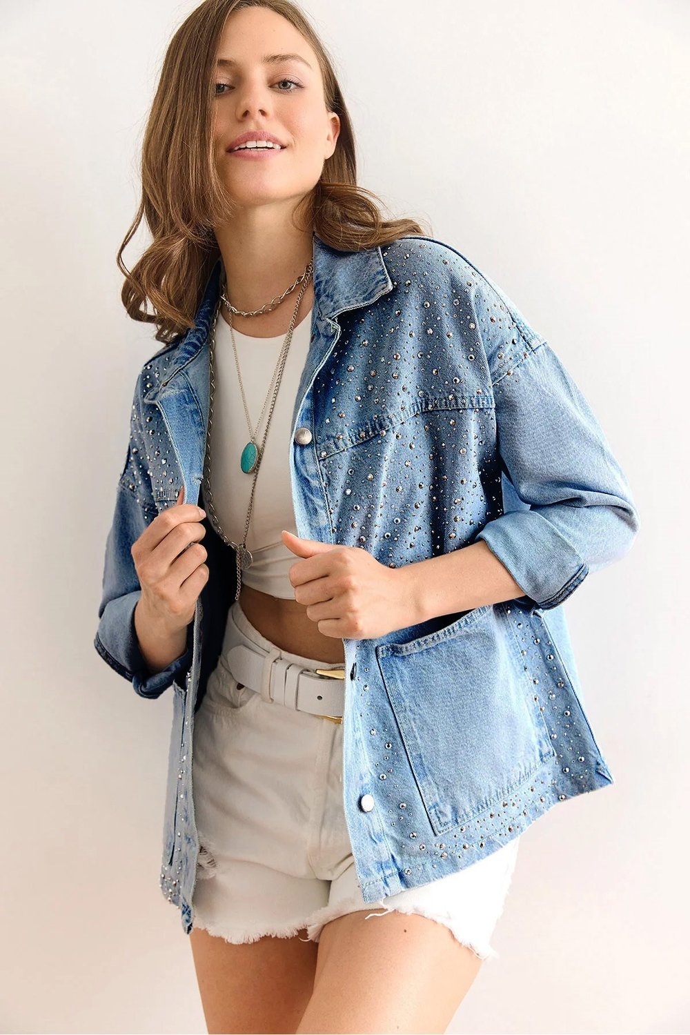 Serpme Taş Detaylı Cepli Pamuk Denim Ceket Mavi