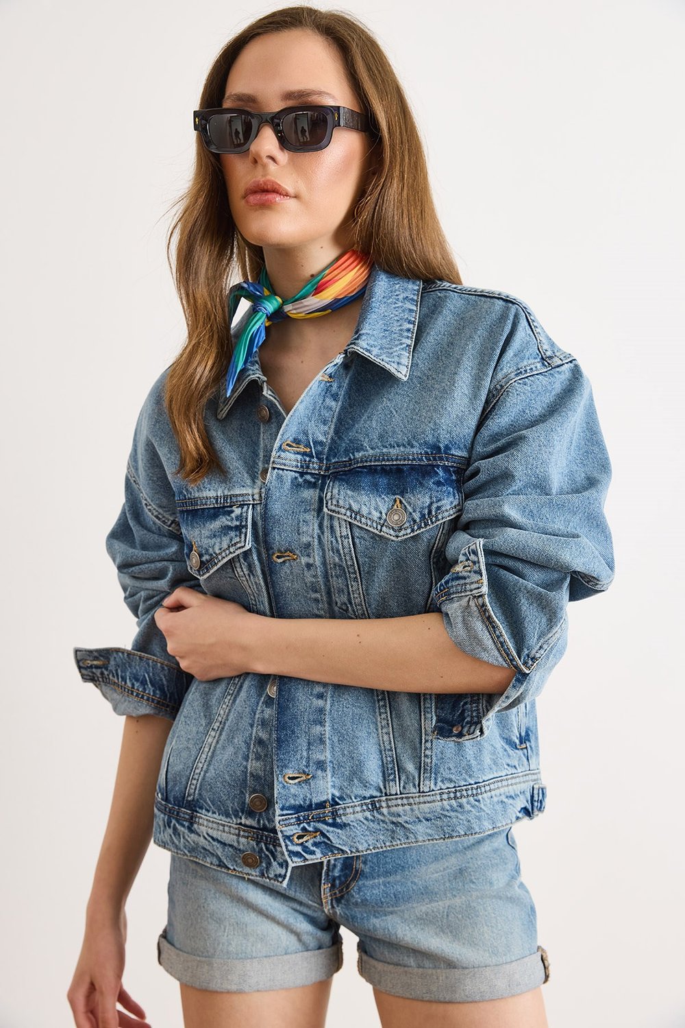Sırtı Aplike Denim Ceket Mavi