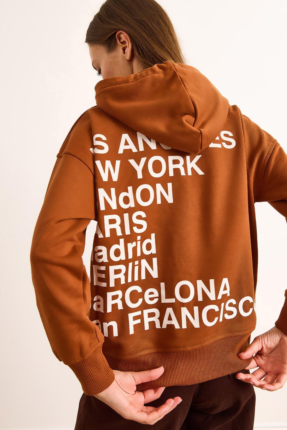 Sırtı Baskılı Kapüşonlu Oversize 2 İp Sweatshirt Kiremit