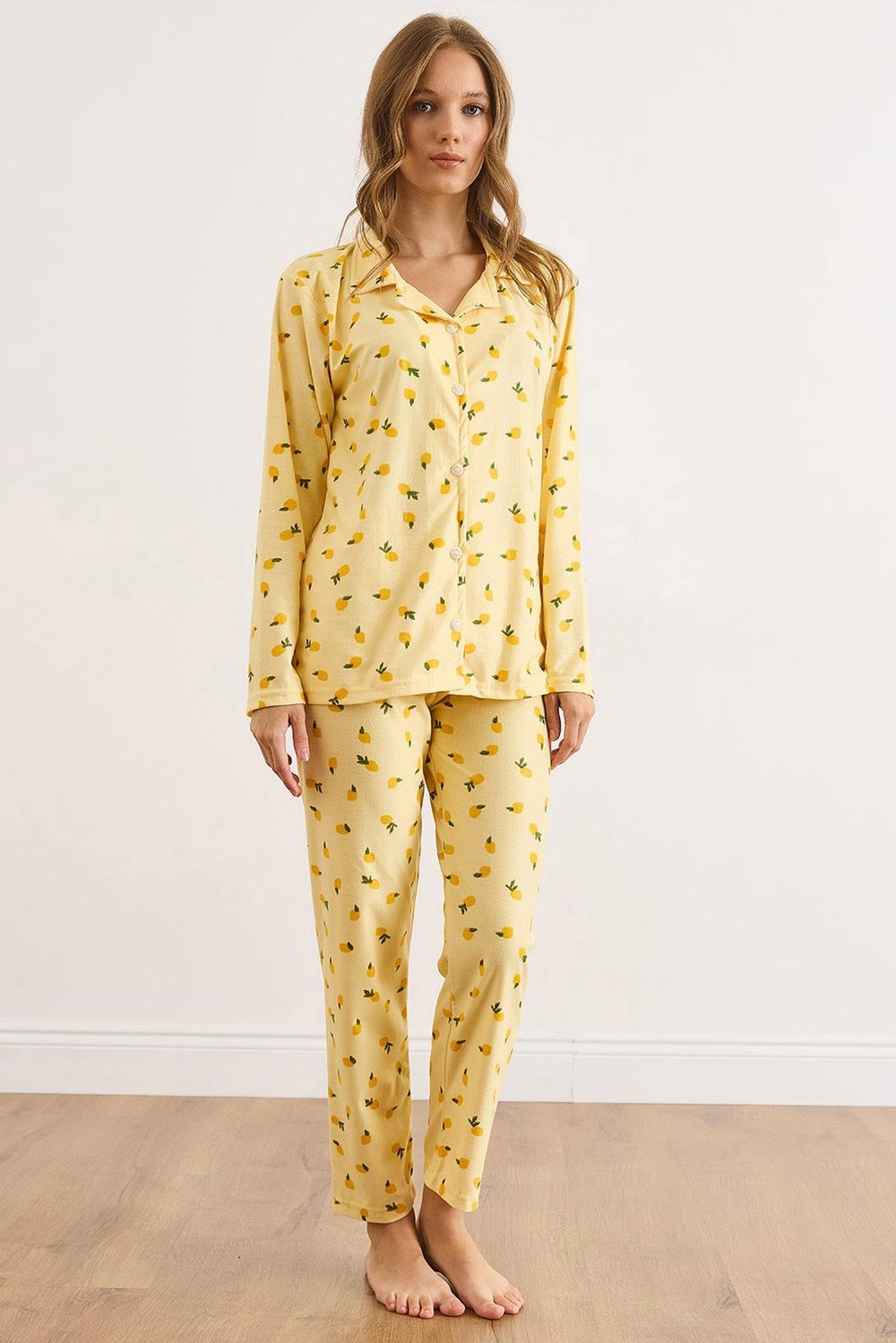 Süet Dokulu Pijama Takımı Limon Sarı