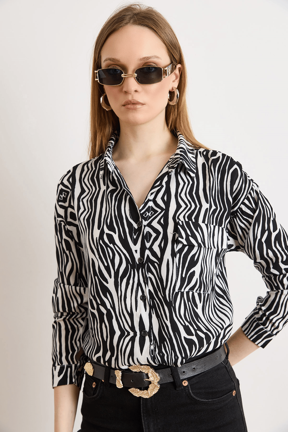 Tek Cepli Dokuma Viscon Gömlek Zebra Siyah