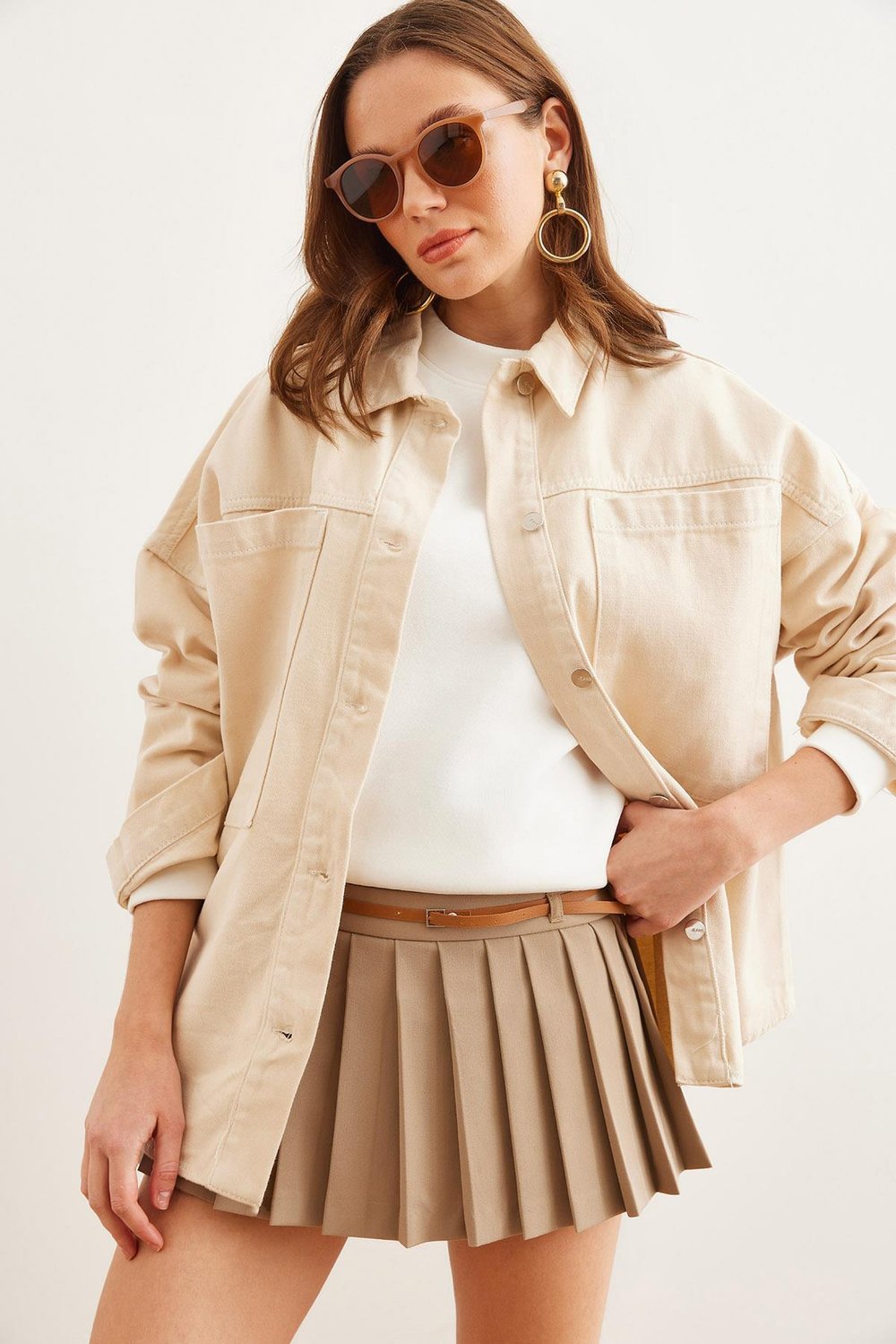 Torba Cepli Oversize Gabardin Gömlek Taş
