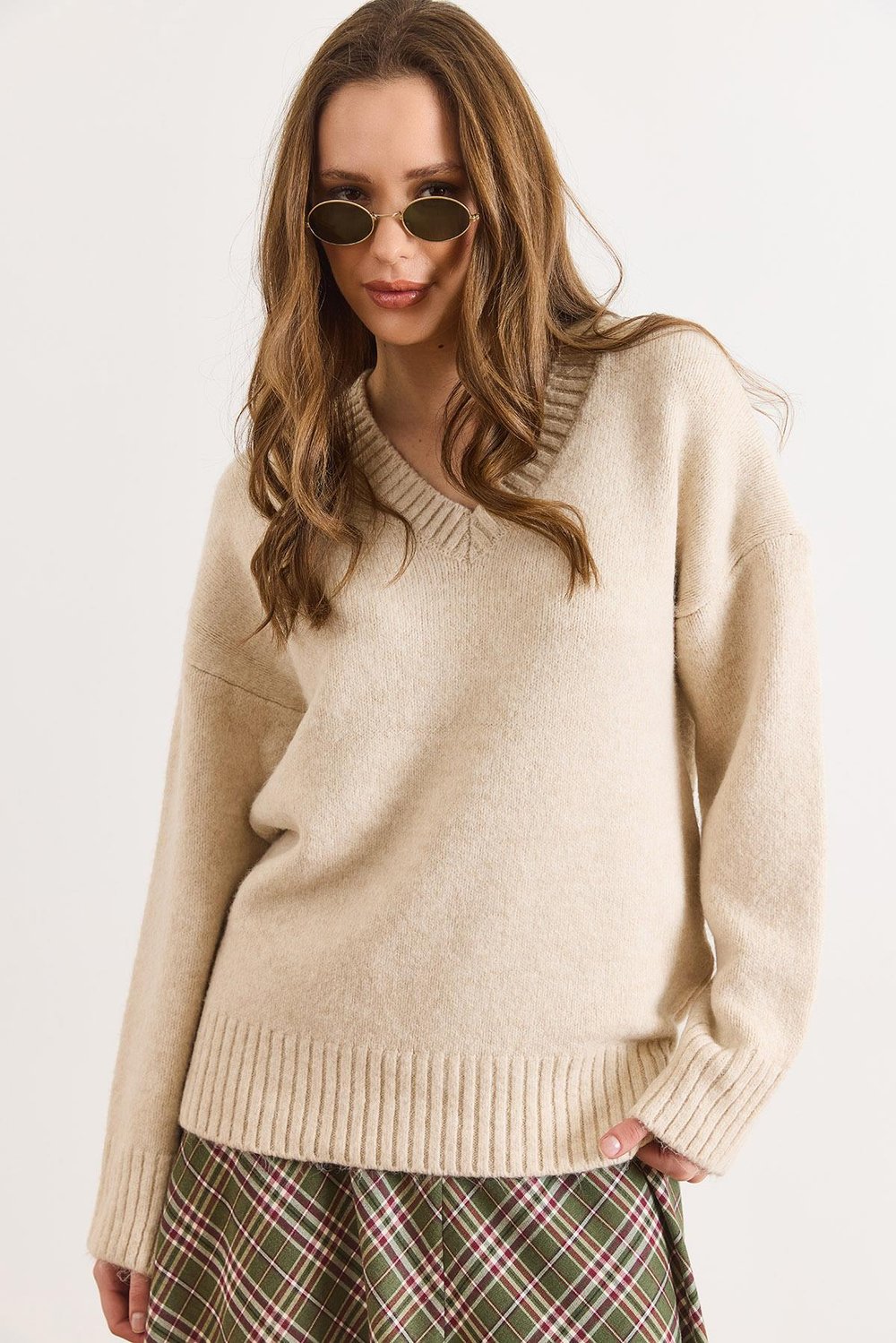 V Yaka Oversize Basic Triko Kazak Taş