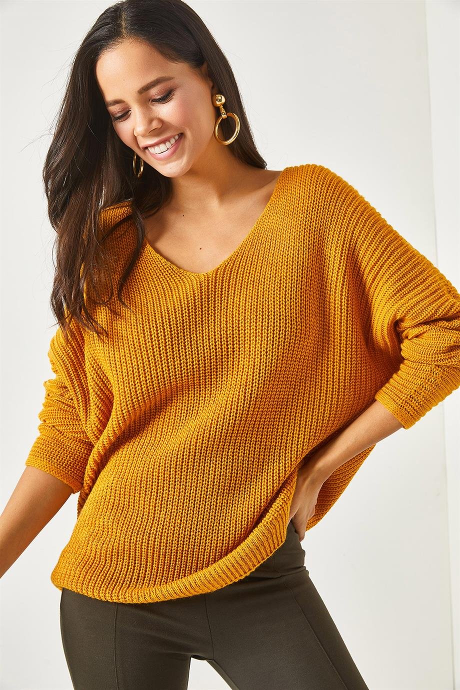 V Yaka Selanik Örgü Oversize Triko Tunik Hardal