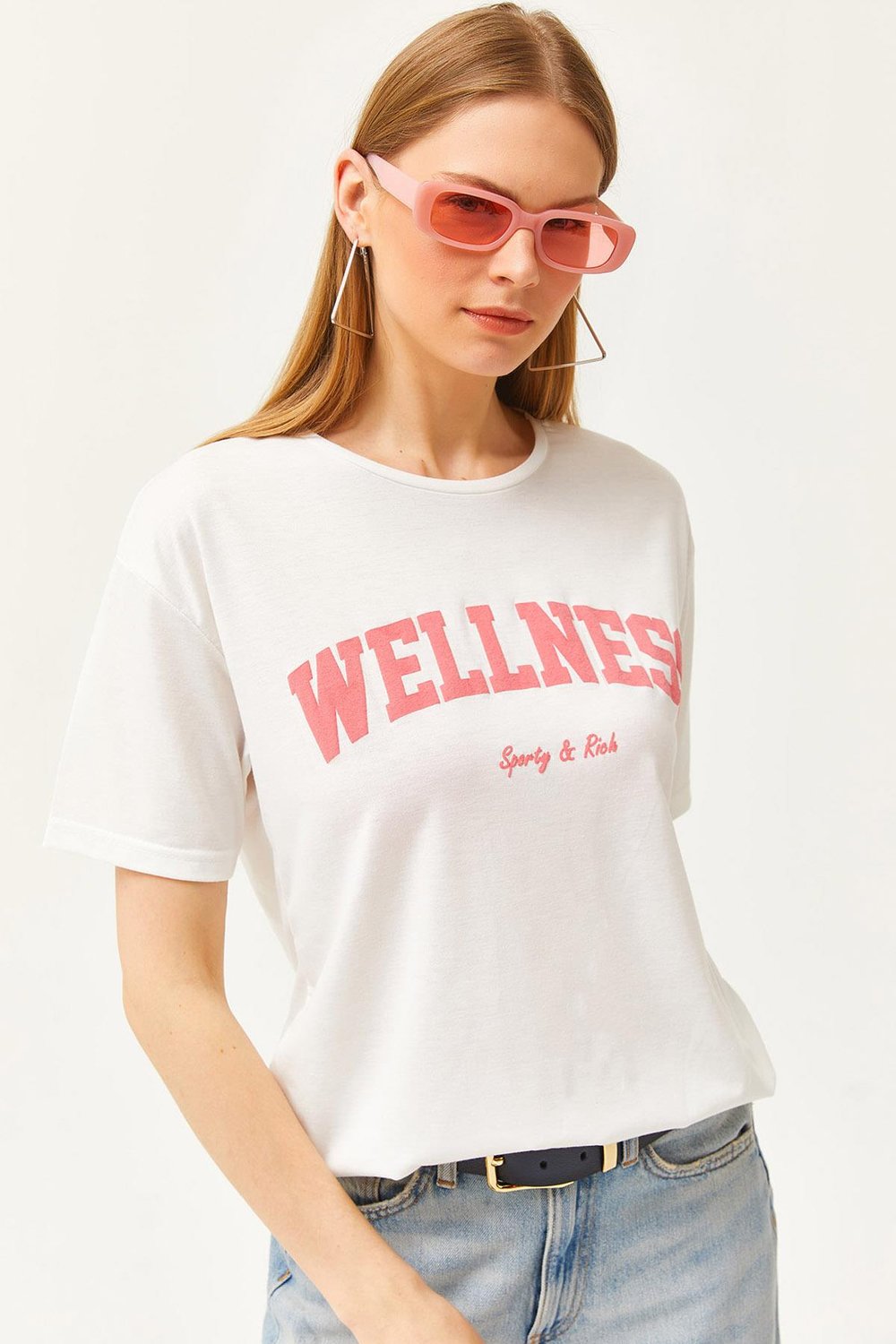 Wellness Baskılı Tişört Ekru Pembe