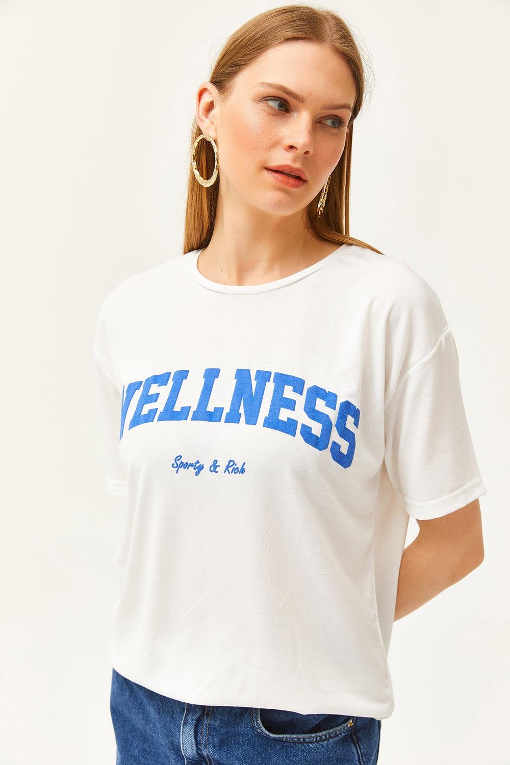 Wellness Baskılı Tişört Ekru Saks Mavi