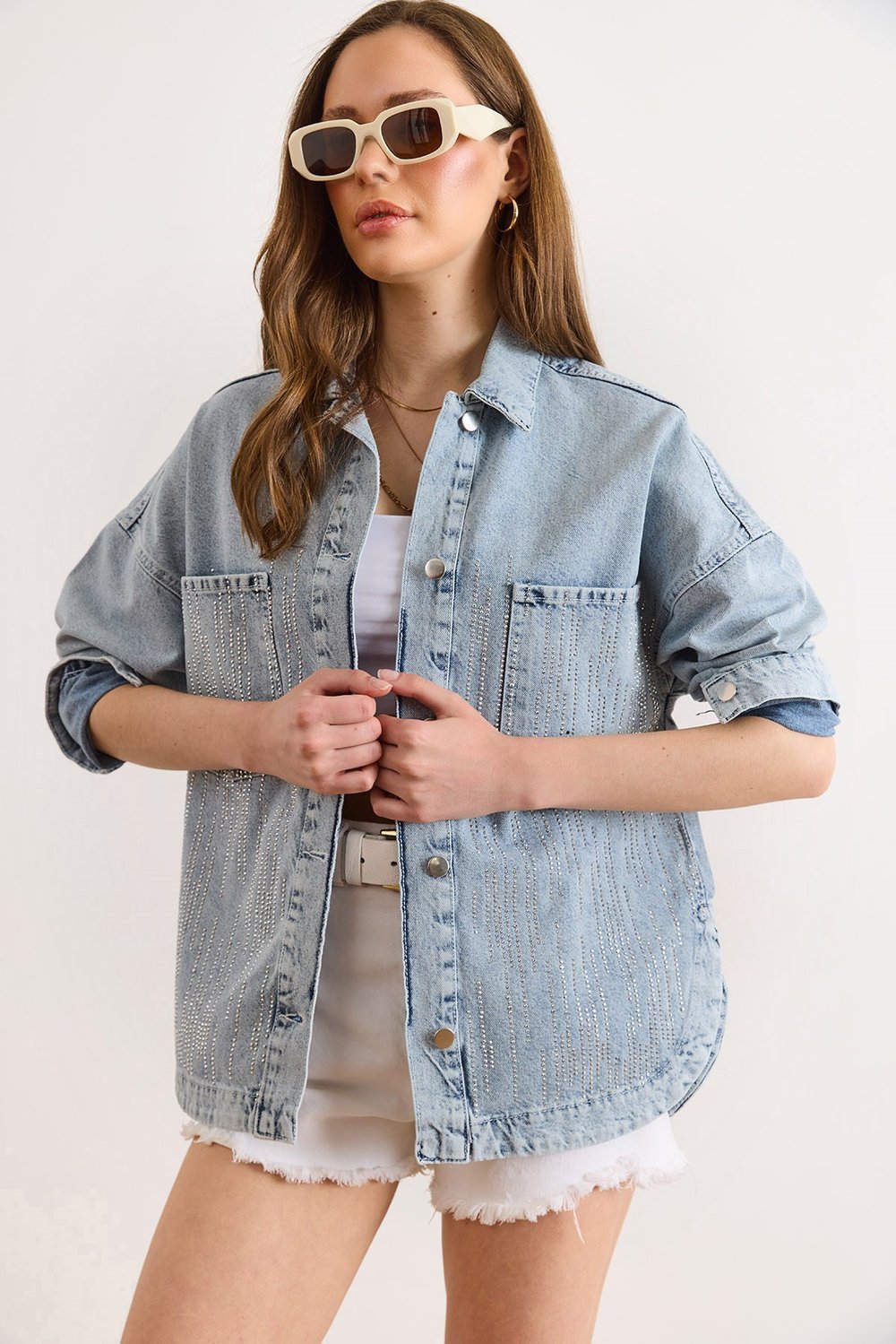 Yağmur Taş Detaylı Cepli Denim Gömlek Ceket Mavi