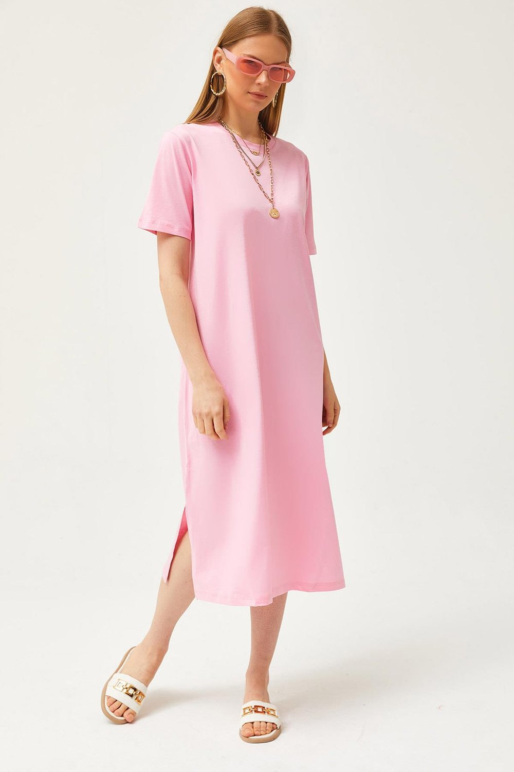 Yanı Yırtmaçlı Oversize Pamuk Elbise Pembe