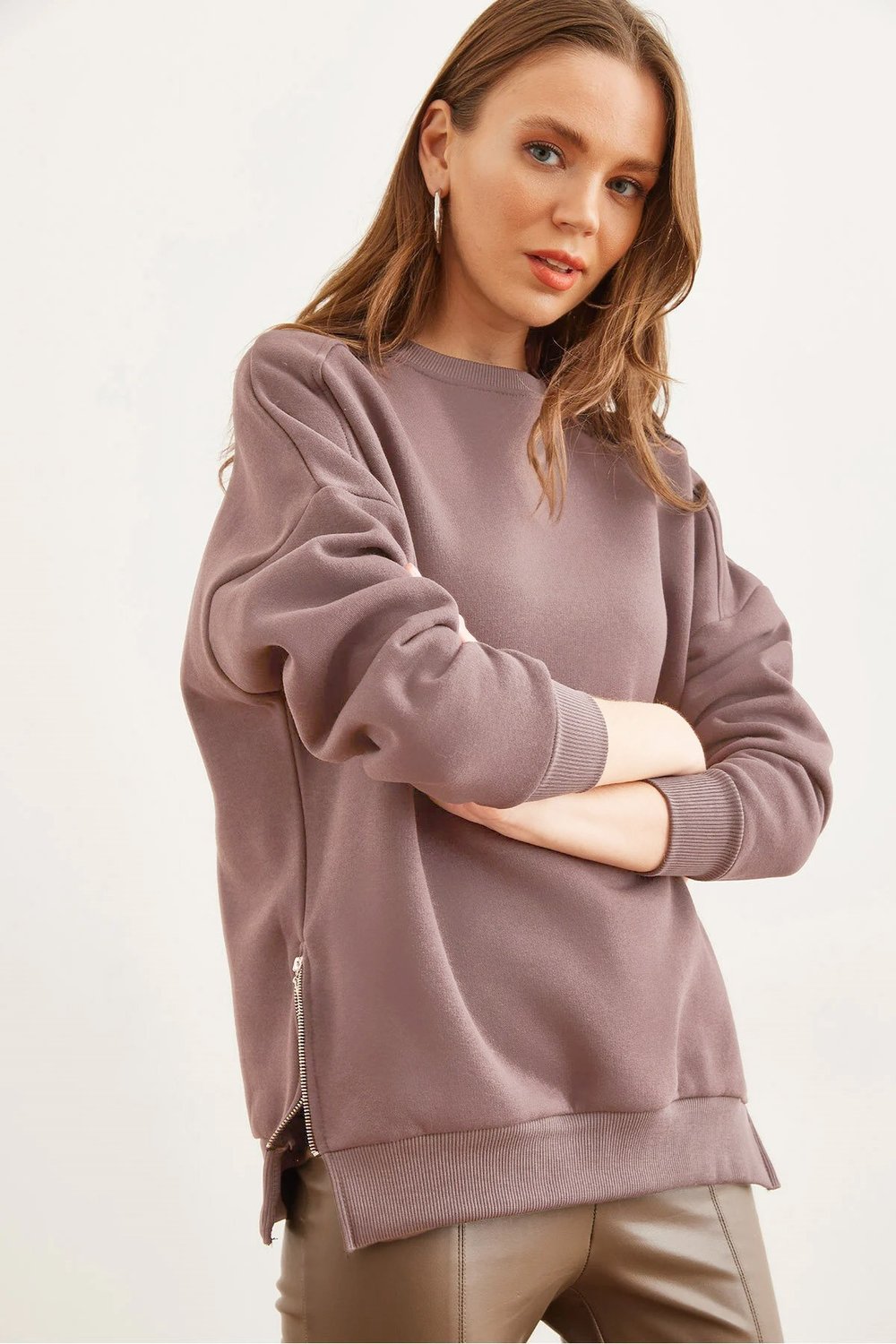 Yanları Fermuar Detaylı İçi Polarlı Kalın Sweatshirt Gül Kurusu