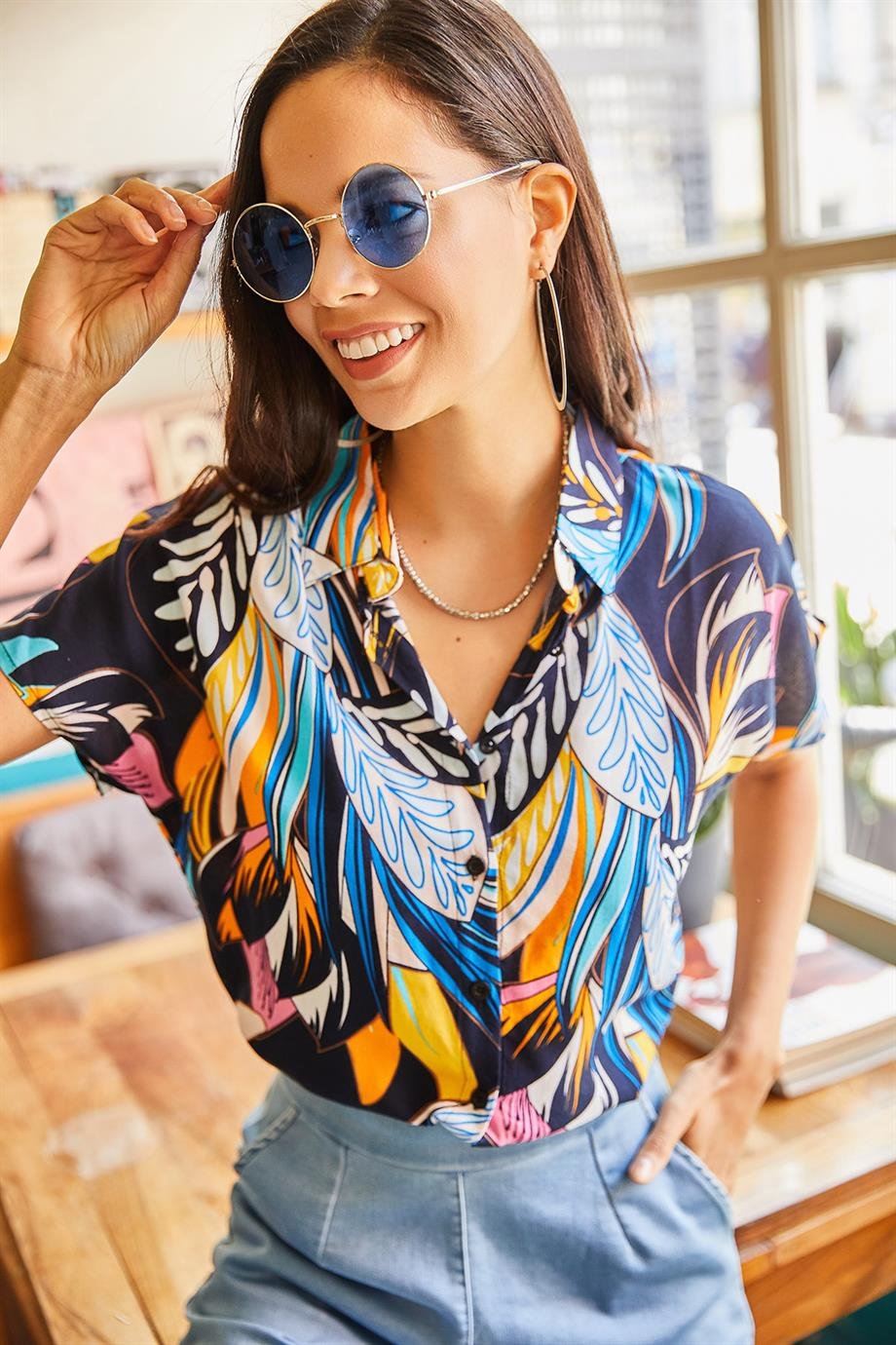 Yarasa Dokuma Gömlek Lacivert Büyük Palmiye