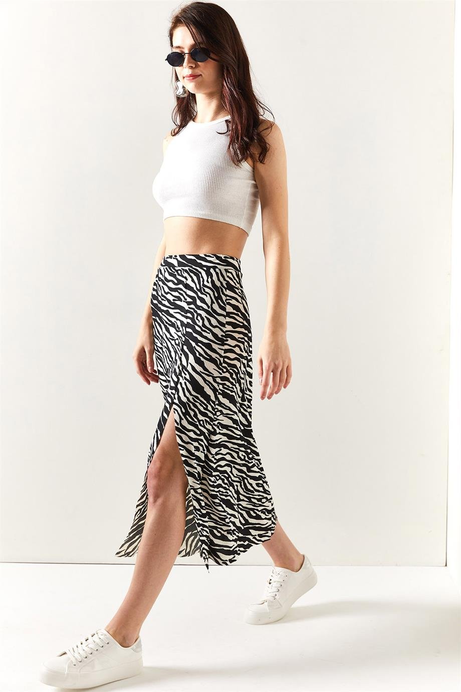 Yırtmaçlı Desenli Midi Etek Siyah Zebra