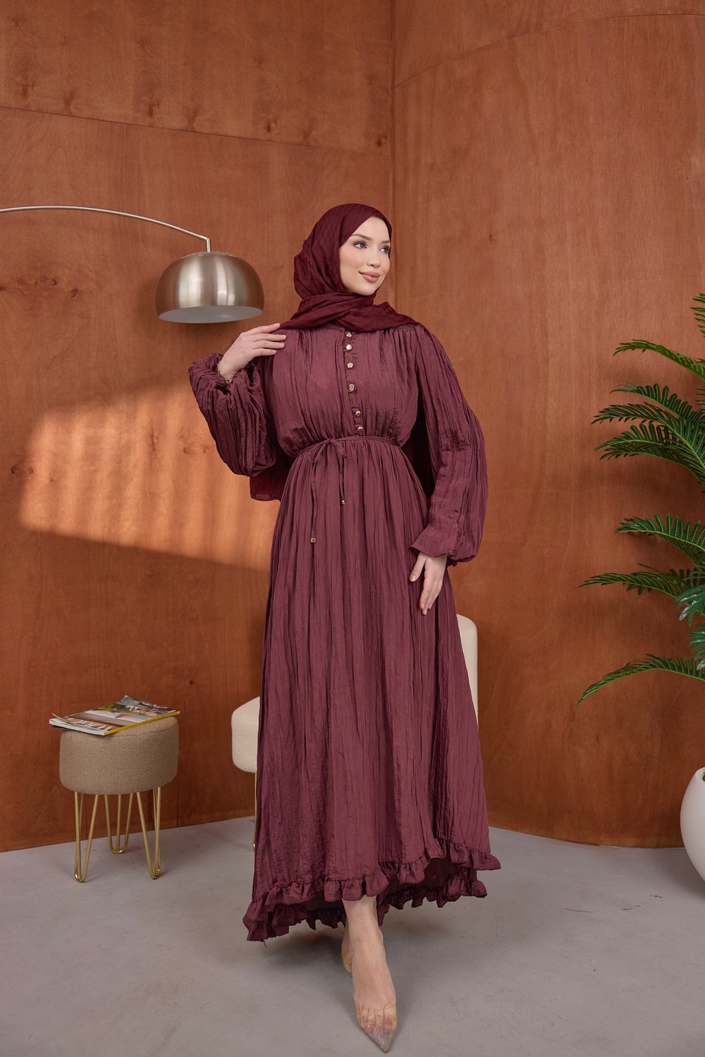 Asimetrik Fırfırlı Elbise Bordo