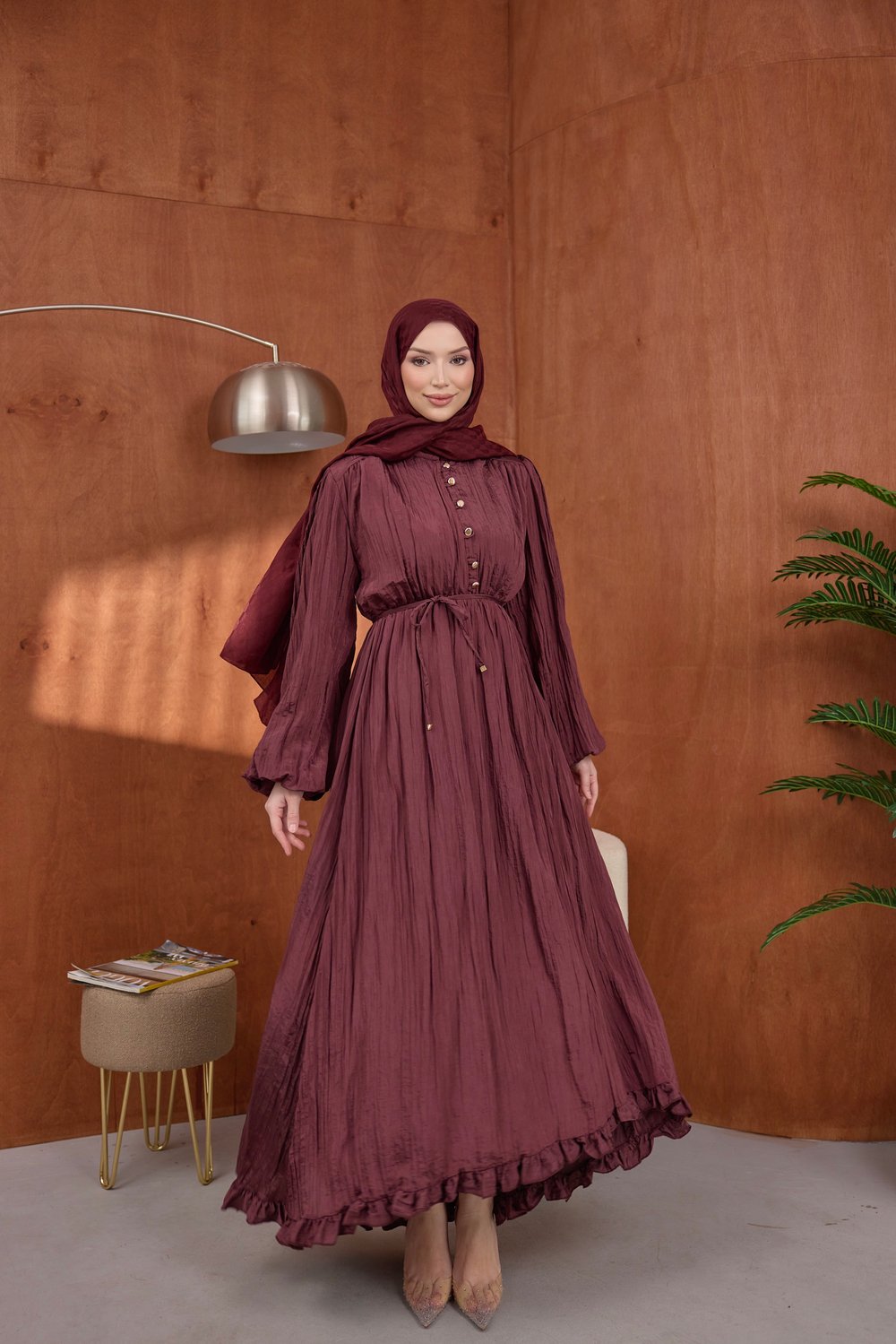 Asimetrik Fırfırlı Elbise Bordo