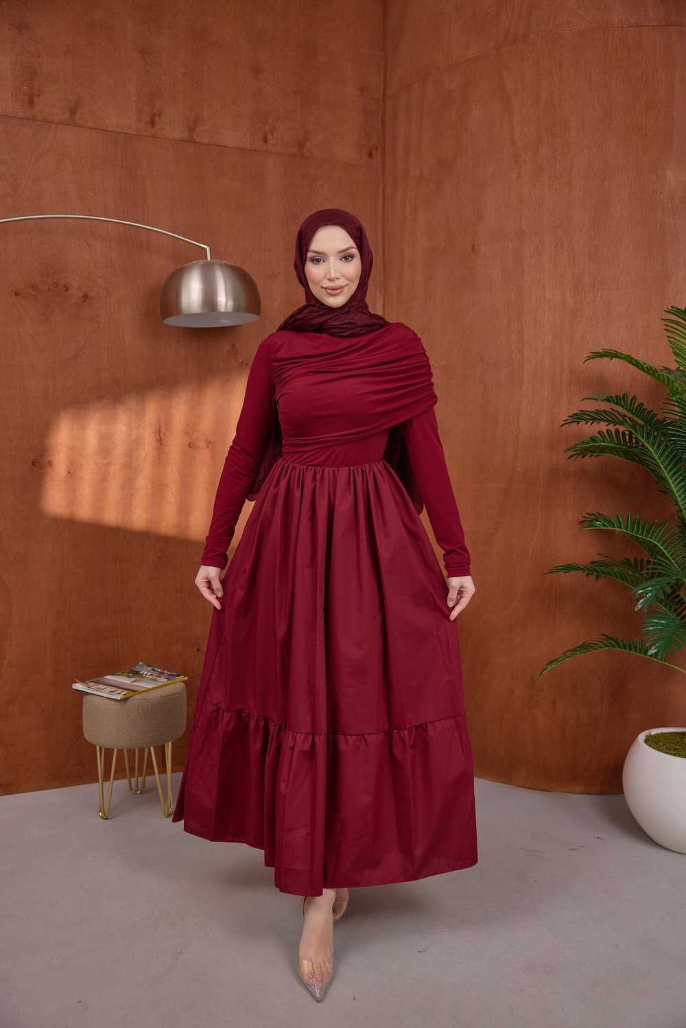 Büzgülü Poplin Elbise Burgundy