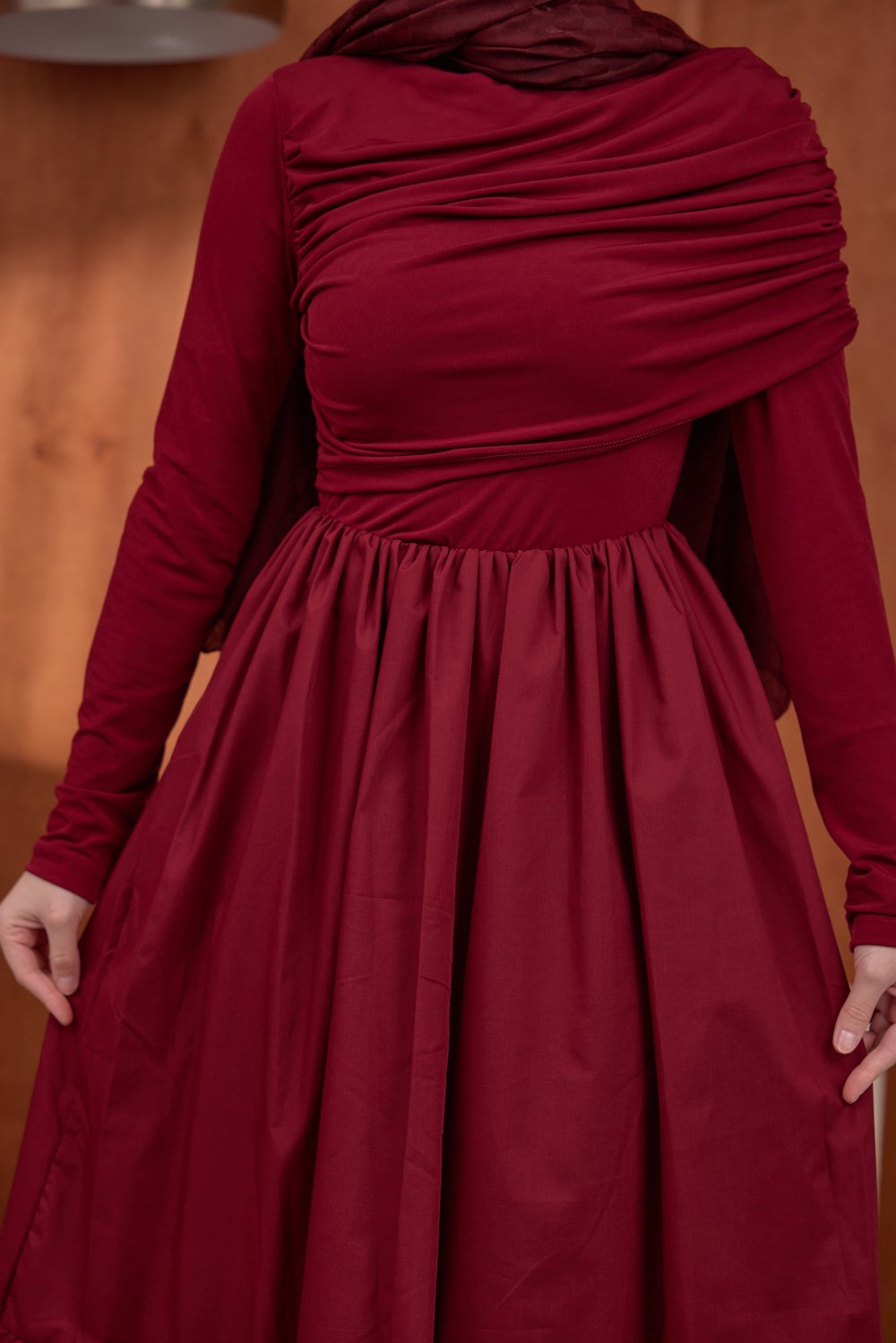 Büzgülü Poplin Elbise Burgundy