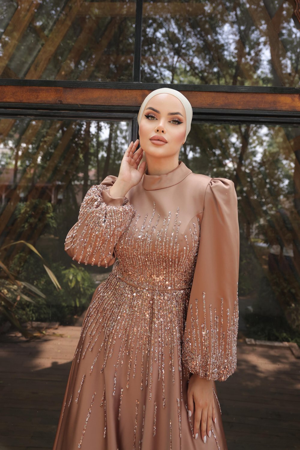 İşleme Detaylı Saten Abiye Bronz