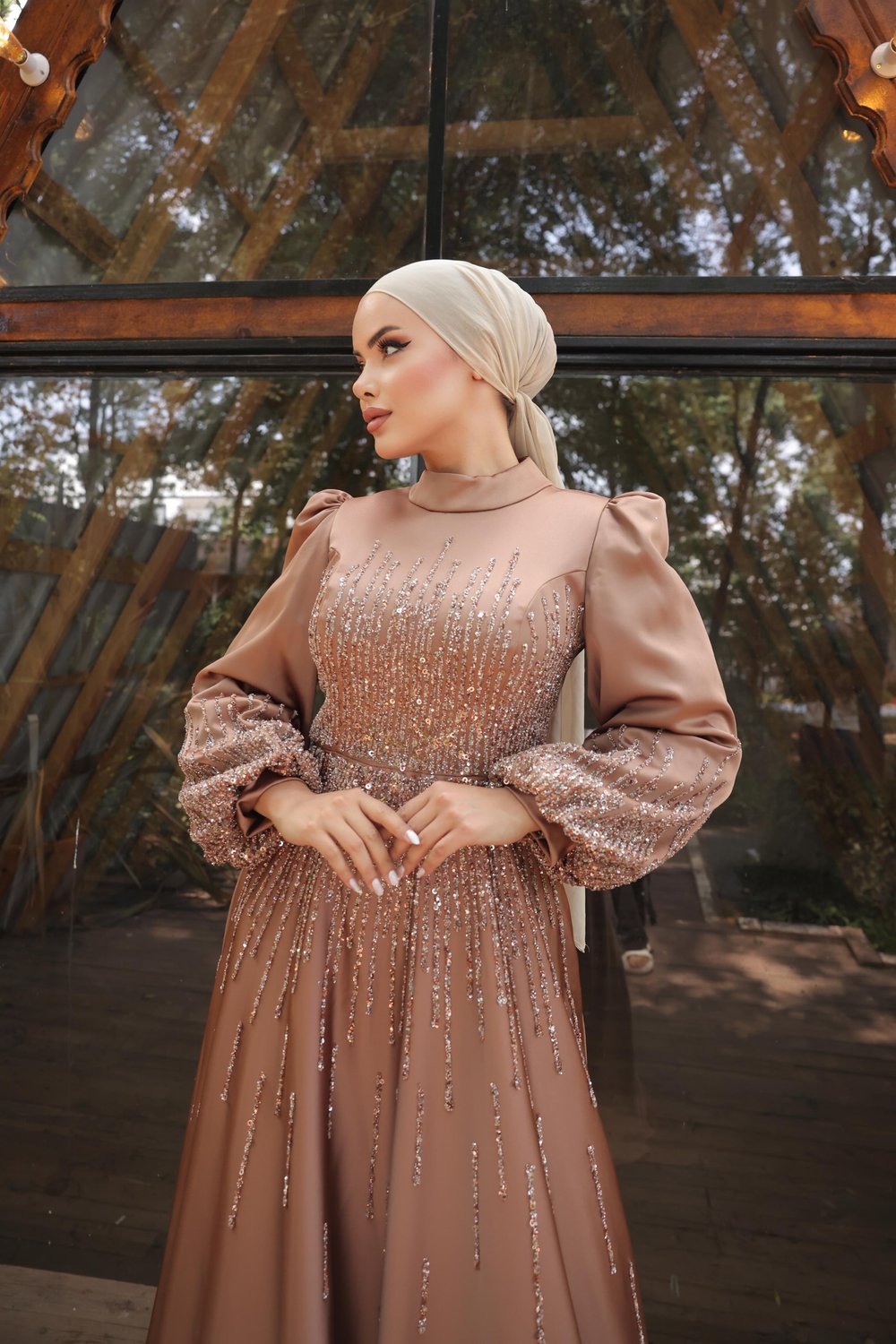 İşleme Detaylı Saten Abiye Bronz