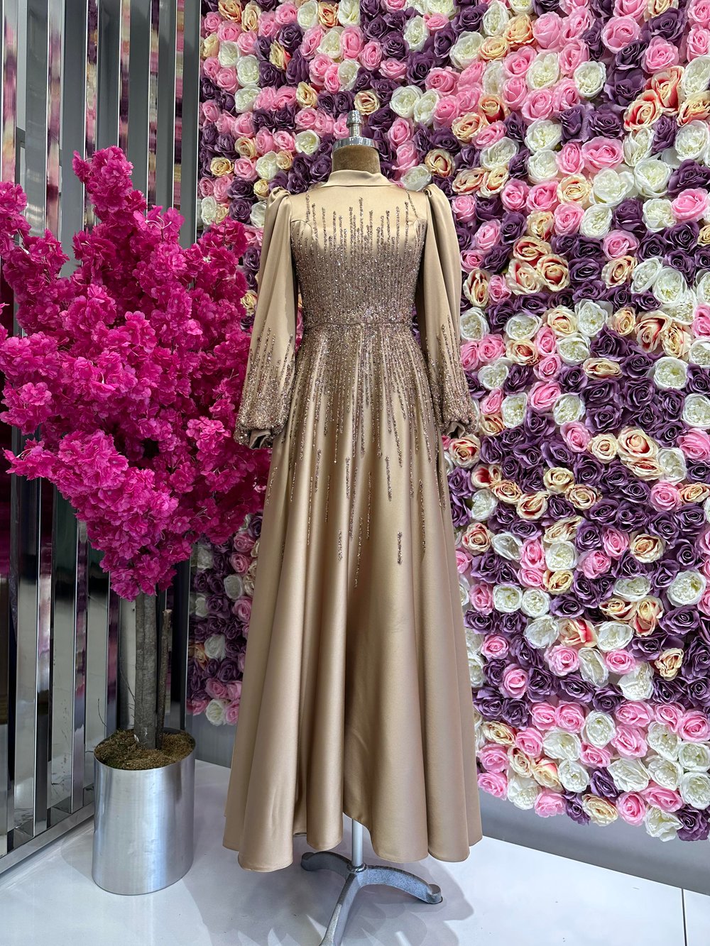 İşleme Detaylı Saten Abiye Bronz