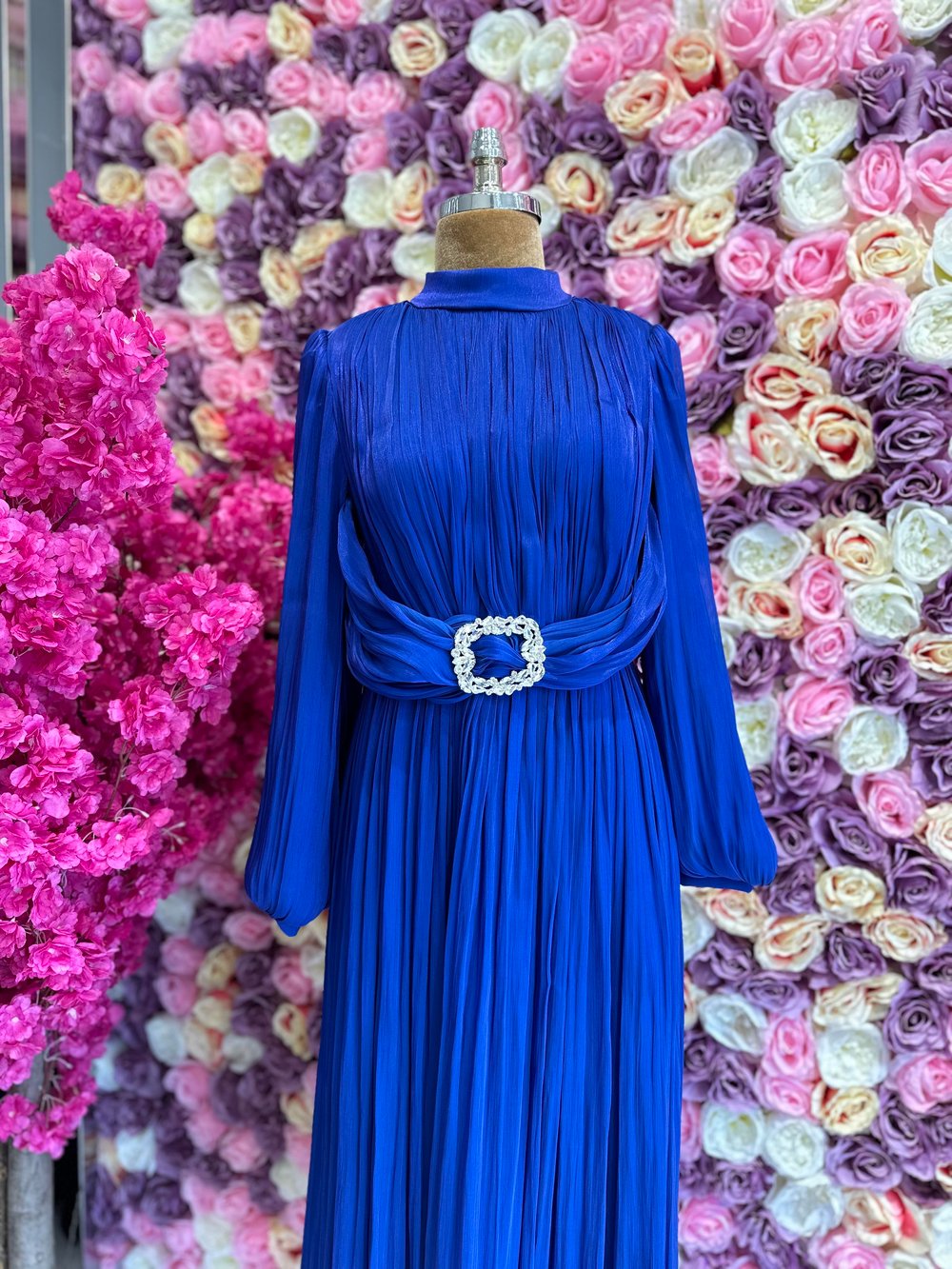 Belt Detailed Crinkle Chiffon Evening Dress Saks