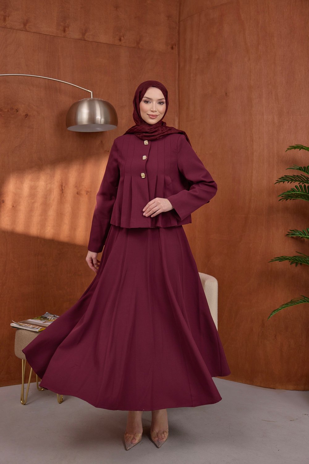 Pile Detaylı Ceket Etek Takım Bordo