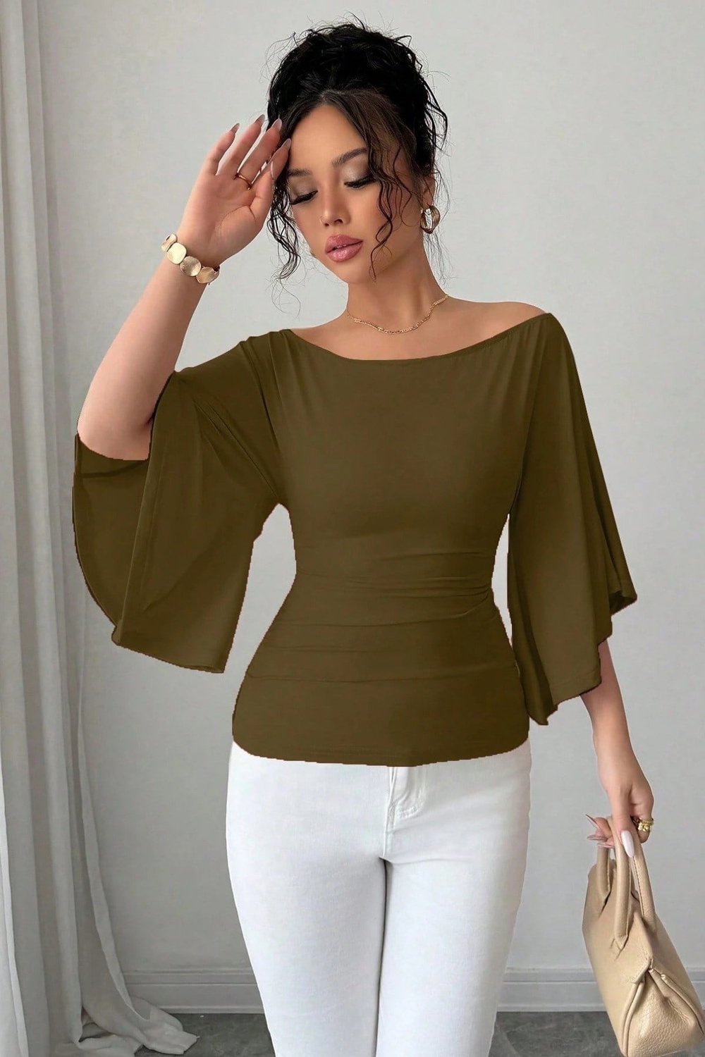 COOL TARZBluzKDNFLAREKL010-HKİ-SKadın Kayık Yaka Flare Kol Drapeli Fit Bluz