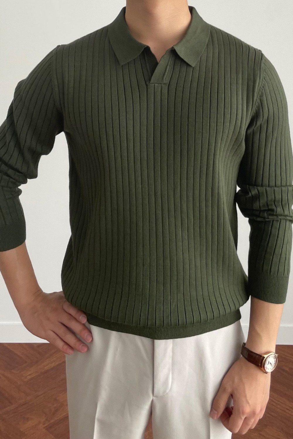 Erkek Polo Yaka Triko Kazak Slim Fit Fitilli