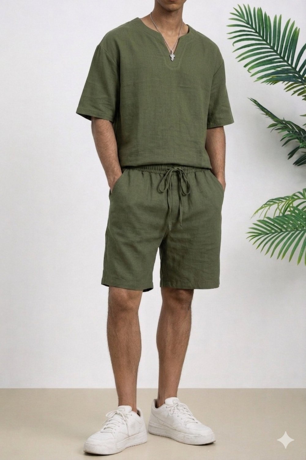 Erkek Oversize Şort Takım V Yaka Yırtmaçlı Tişört Rahat Kesim Yazlık Takım