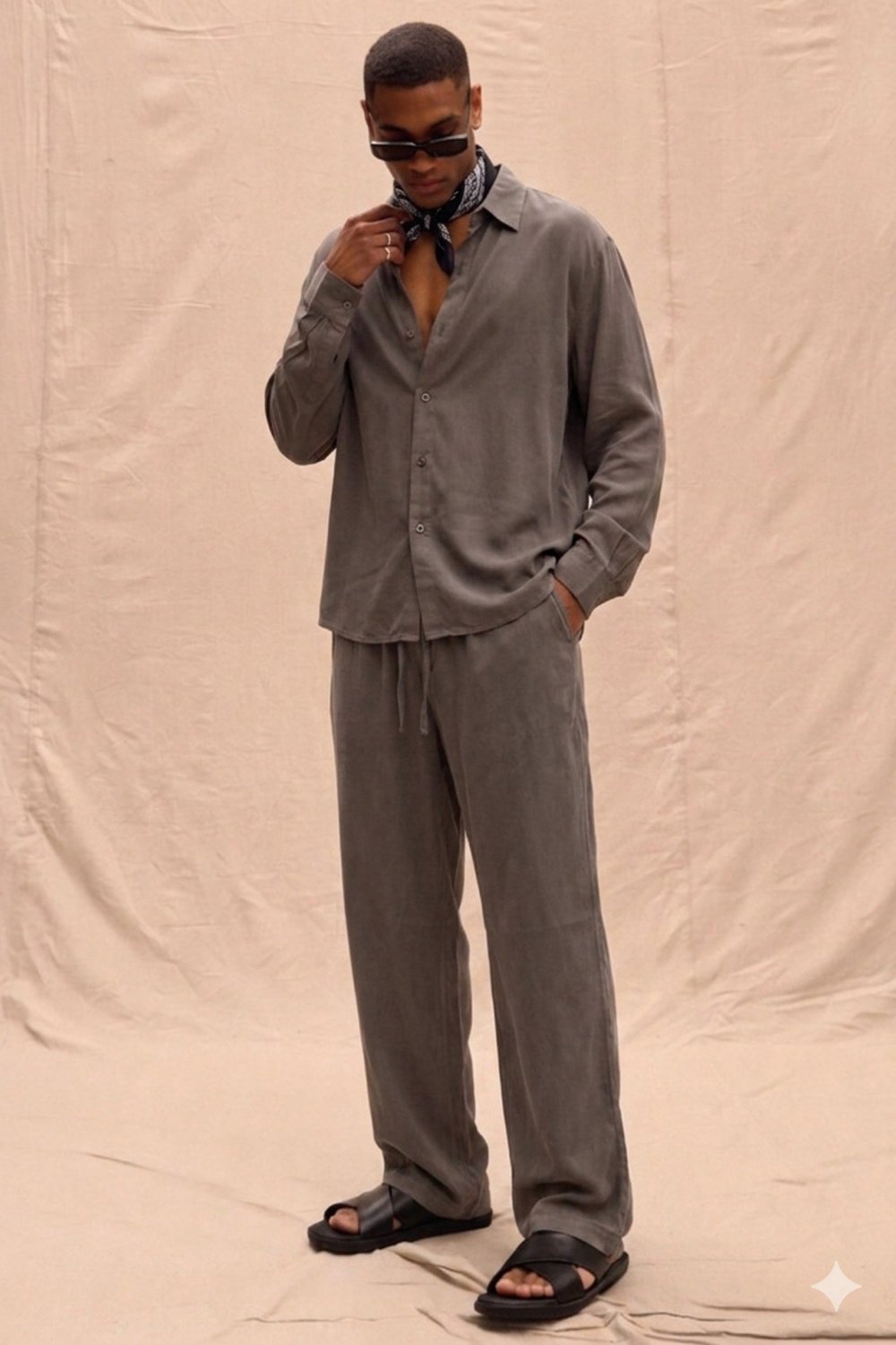 Erkek Haki Tencel Kumaş Oversize Gömlek Pantolon Takım – Rahat Kesim Yazlık Kombin