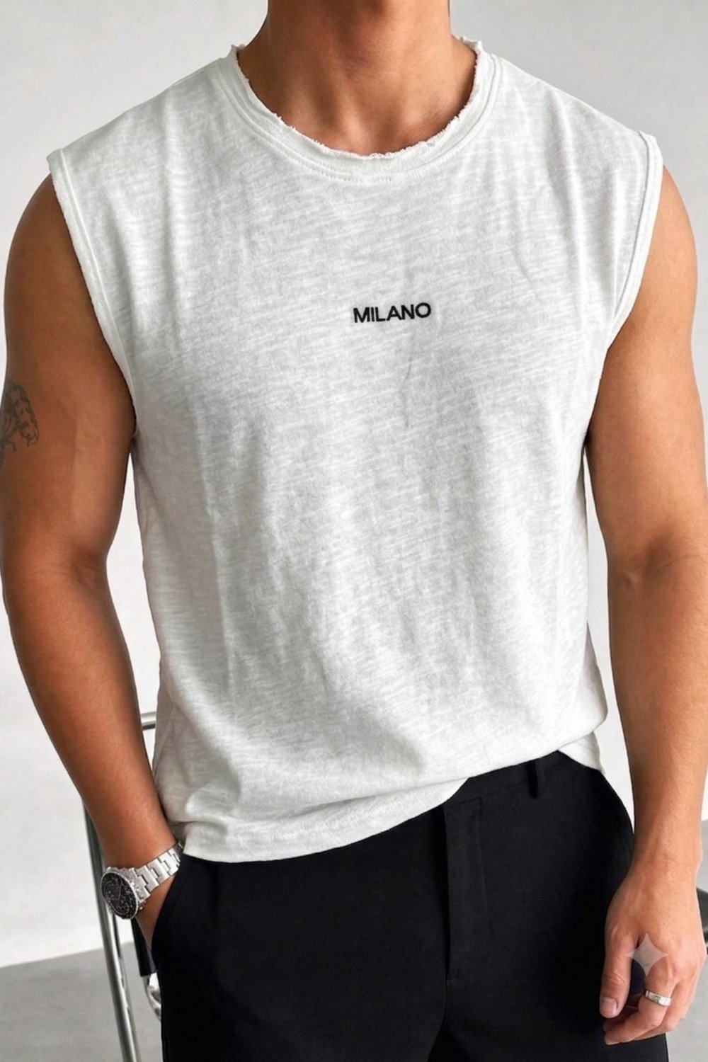 Tarz CoolAtletFLM-MLN-2026-Beyaz-MErkek Milano Nakışlı Flamlı Pamuklu Ham Yaka (Pis Yaka) Regular Fit Kolsuz T-Shirt / Atlet