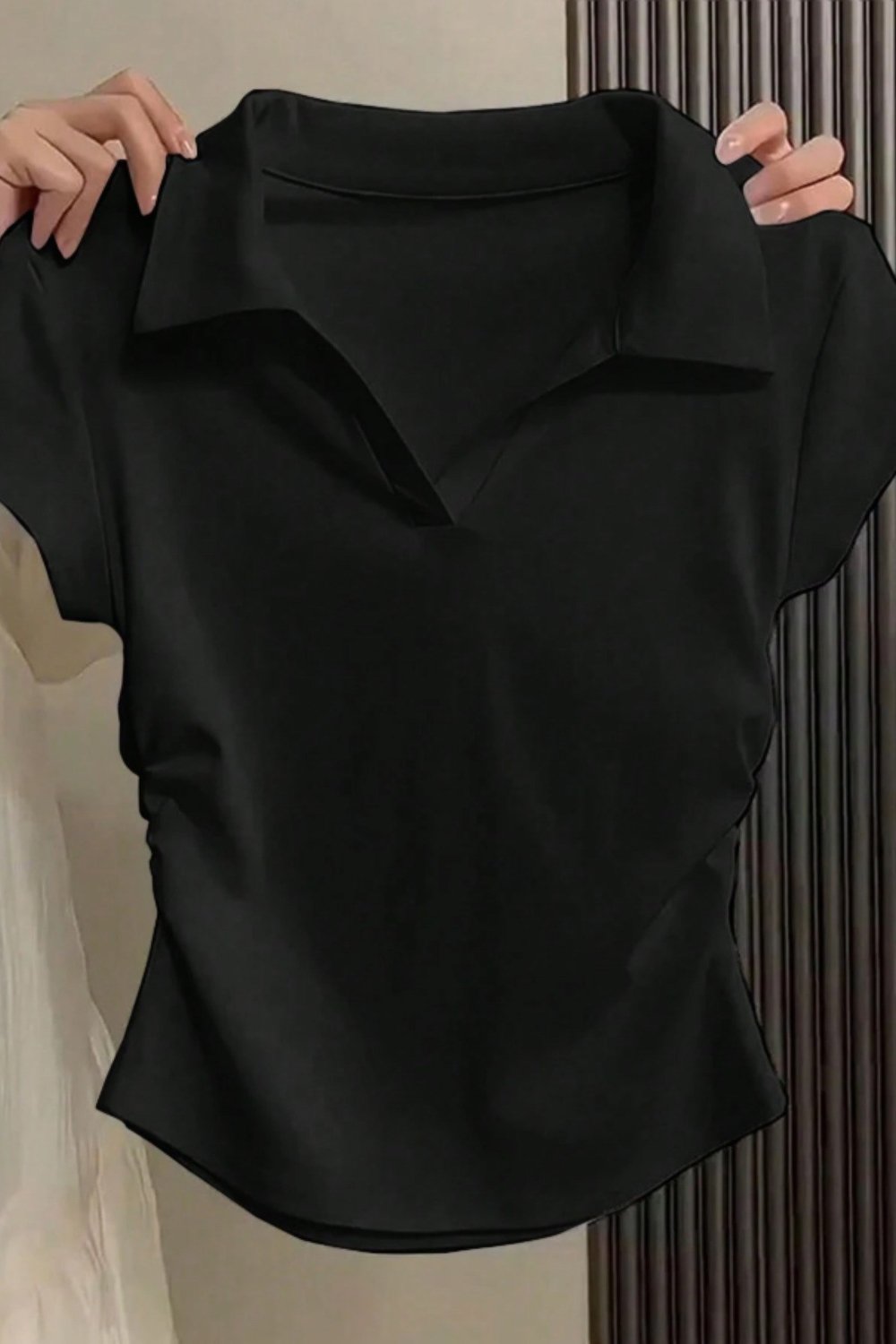Kadın Slim Polo Yaka Crop Esnek Kumaş Günlük Basic Tişört