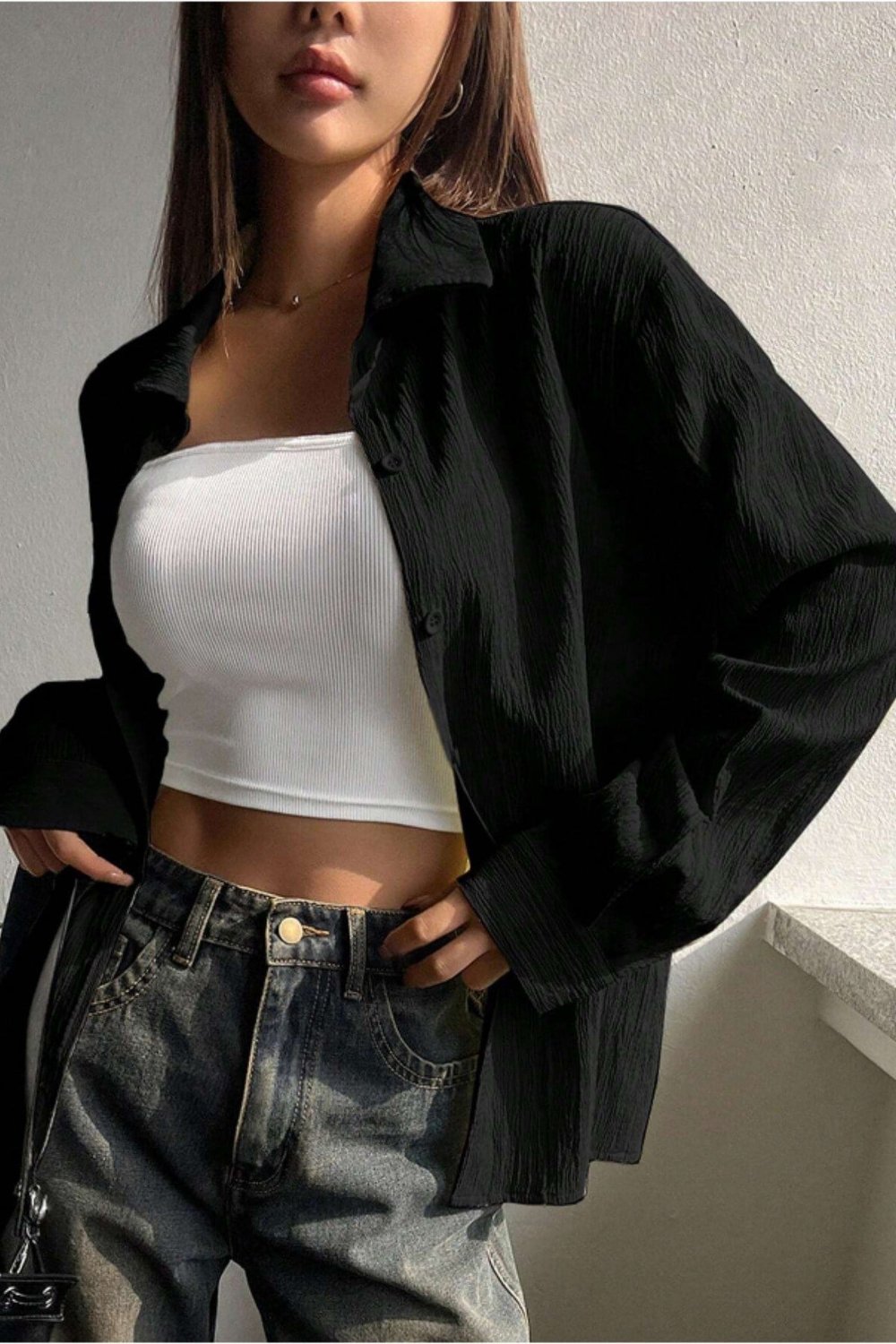 Tarz CoolGömlekKDNBRMCG025R01Kadın Oversize Geniş Kesim Bürümcük Pens Detaylı Uzun Kollu Dokulu Gömlek