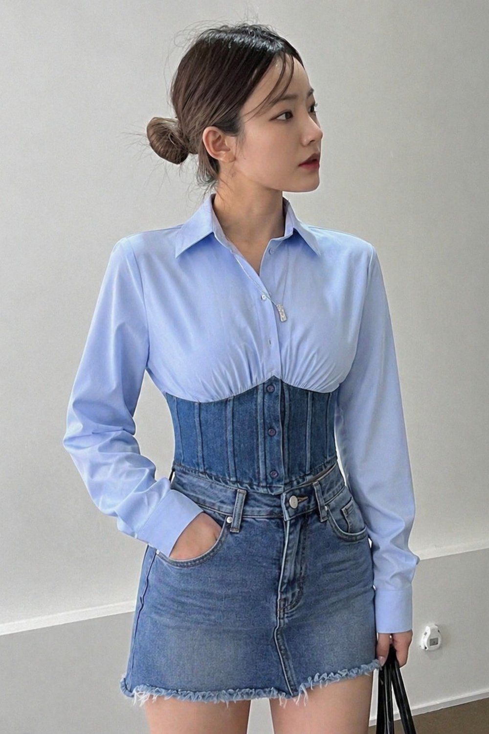 Kadın Kot Korse Detaylı Özel Tasarım Slim Gömlek