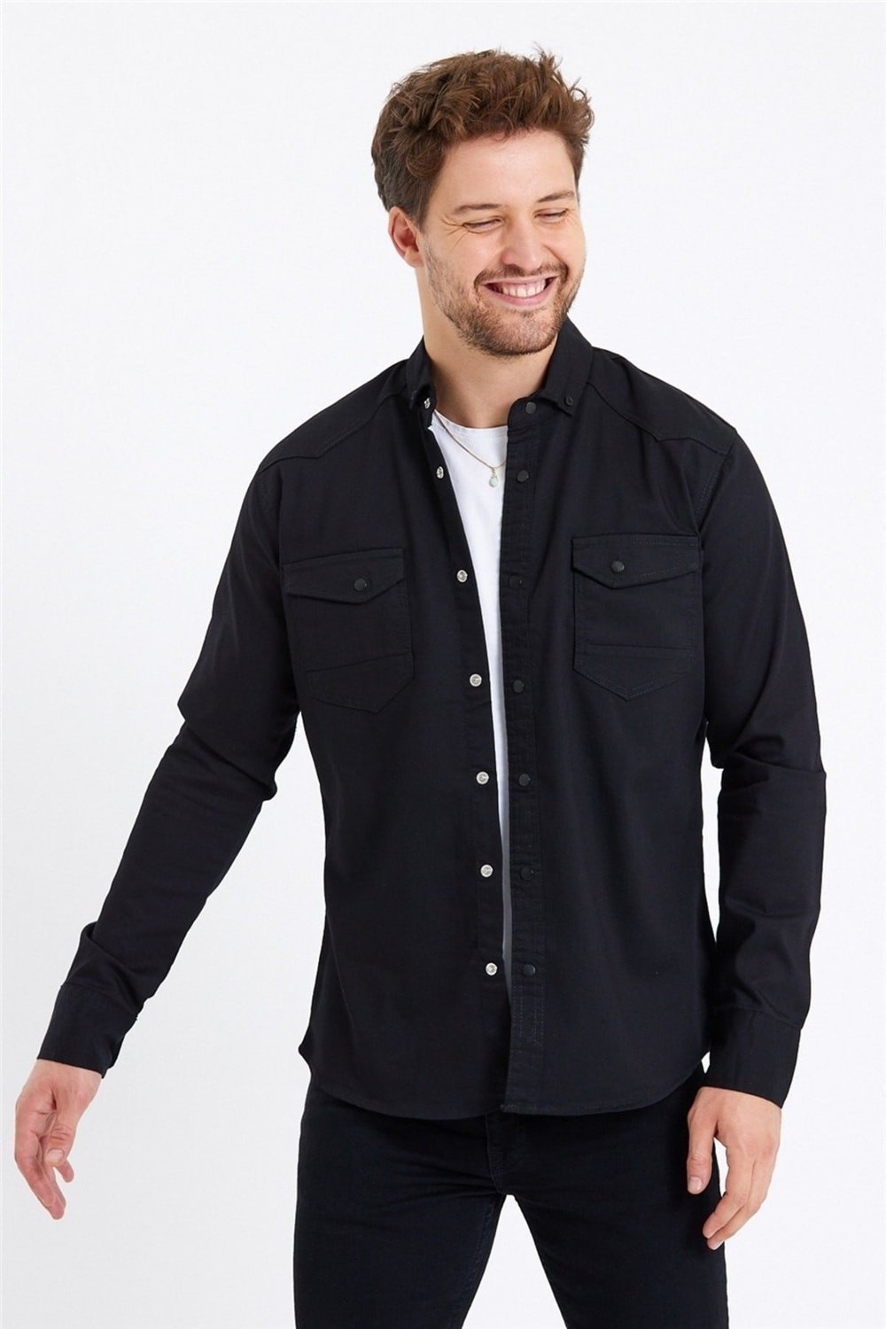 Erkek Çift Cepli Çıt Çıt Düğmeli Slim Fit Kot Gömlek