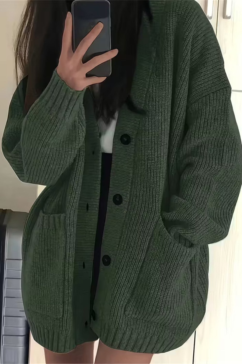 Tarz CoolHırkaKDNHRK001-BRD-L/XLKadın Oversize Cepli Düğmeli V Yaka Triko Hırka