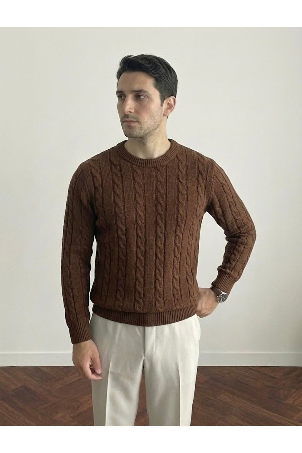 Tarz CoolKazakTRZ3168R05Erkek Bisiklet Yaka Slim Fit Saç Örgülü Triko Kazak