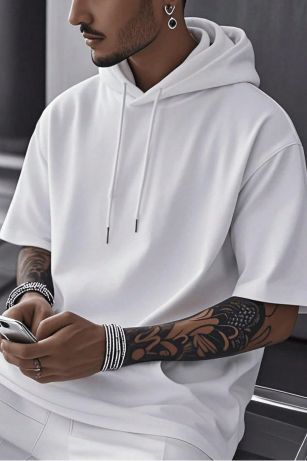 Erkek Oversize Kısa Kollu Kapüşonlu Tişört Sweatshirt