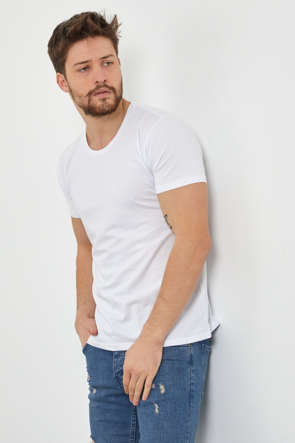 Erkek Düz Slim Fit Likralı T-shirt