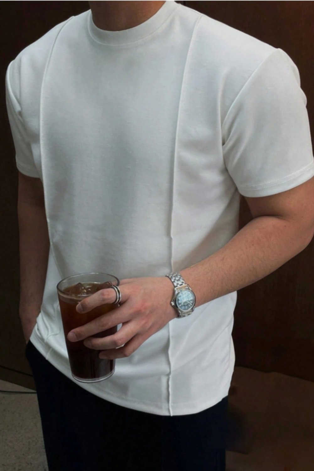 Tarz CoolT-shirtERKCMTS026-BY-MErkek Çizgi Detaylı Slim Fit Tişört Bisiklet Yaka Casual Pamuklu T-shirt