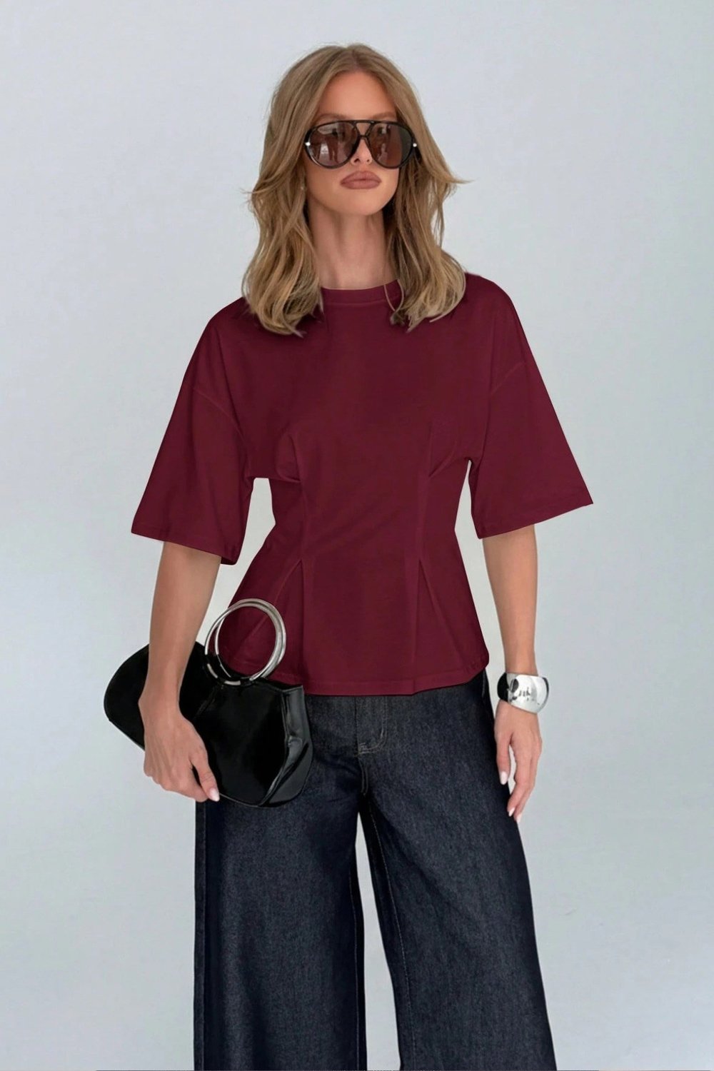 Kadın Oversize Basic Tişört Pile Detaylı Rahat Kesim Günlük Şık Kombin