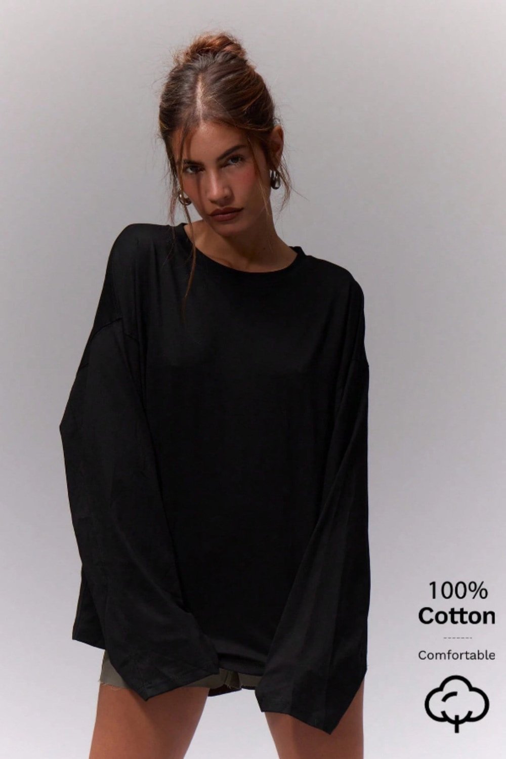 Tarz CoolT-shirtOVKDNUTST025R02Kadın %100 Pamuk Bisiklet Yaka Oversize Fit Uzun Kollu T-shirt