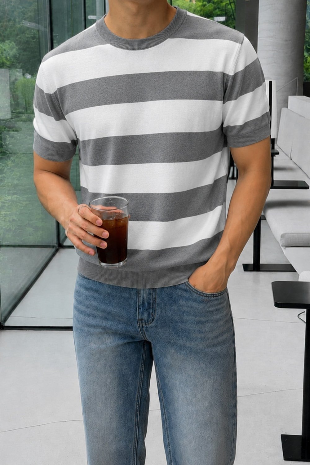 Tarz CoolT-shirtTC-CZTRKES-026-Gri-MErkek Çizgili Triko Tişört Bisiklet Yaka Slim Fit Yazlık İnce Dokulu